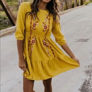 Roolee Womens Mandy Embroidered Dress Sz XS Mustard Flowy Casual Spring